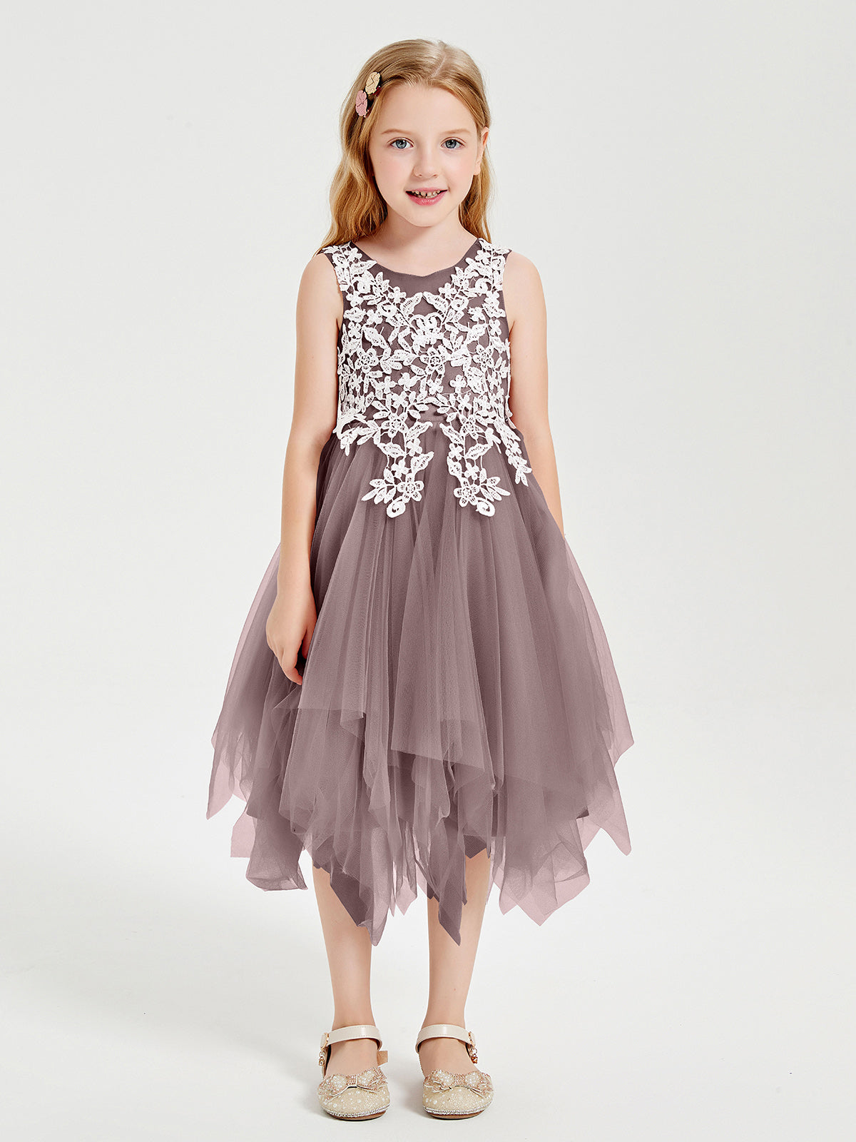Tea Length Tulle Junior Bridesmaid Dresses Vintage Mauve